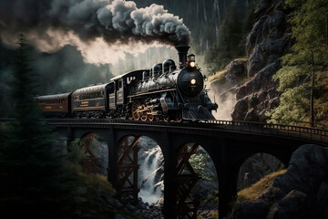 Fototapeta premium A vintage train rides the rails on a bridge letting off steam, a retro trip overlooking a green forest. Generative AI