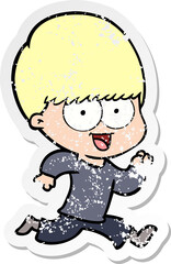 distressed sticker of a happy cartoon boy