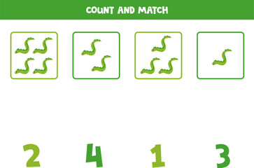 Counting game for kids. Count all sea eels and match with numbers. Worksheet for children.