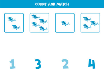 Counting game for kids. Count all hammerhead sharks and match with numbers. Worksheet for children.