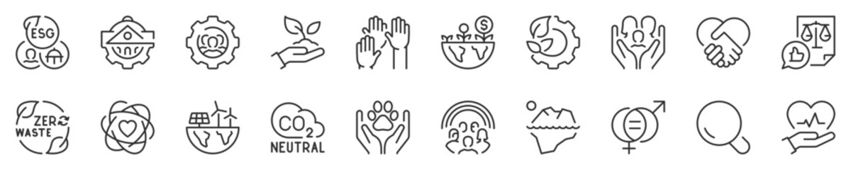 Line icons about Environmental Social Governance. Thin line icon set. Symbol collection in transparent background. Editable vector stroke. 512x512 Pixel Perfect.