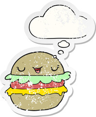 cartoon burger and thought bubble as a distressed worn sticker