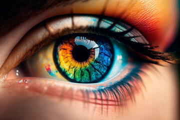Human eye close-up with colored iris and eyelashes, beautiful look, macro eye in ophthalmology. Generative AI