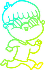 cold gradient line drawing cartoon boy wearing sunglasses and running