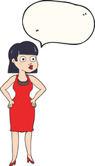 speech bubble cartoon woman in dress with hands on hips