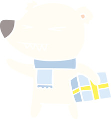 flat color style cartoon angry polar bear with xmas present