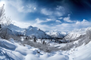 Fototapeta premium Snow-Covered Mountains and Bright Blue Sky in Panoramic Winter Landscape