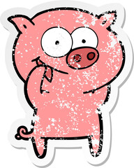 distressed sticker of a cheerful pig cartoon