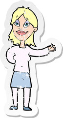 retro distressed sticker of a cartoon woman gesturing to show something