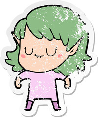distressed sticker of a happy cartoon elf girl