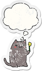 cute cartoon cat and thought bubble as a distressed worn sticker