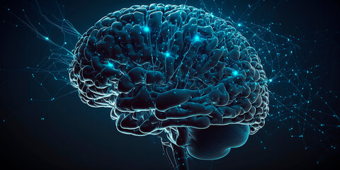 Brain. Low poly abstract digital human brain. Neural network. IQ testing, artificial intelligence virtual emulation science technology concept. Brainstorm think idea. Generative AI