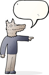 cartoon wolf man pointing with speech bubble