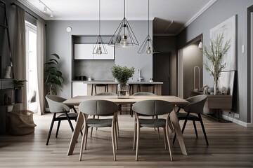 modern dinning room interior with furniture - obrazy, fototapety, plakaty