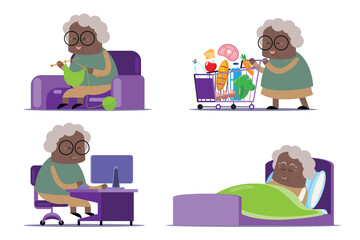 emotion cute vector, illustration flat cartoon character lifestyle senior woman do hobby knitting ,work ,chat online, sleep at home and shopping at supermarket.