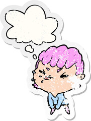 cartoon rude girl and thought bubble as a distressed worn sticker