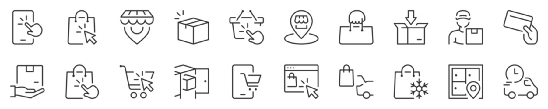 Line icons about shopping online, click and collect, thin line icon set. Symbol collection in transparent background. Editable vector stroke. 512x512 Pixel Perfect.