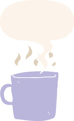 cartoon hot cup of coffee and speech bubble in retro style