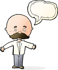cartoon man with mustache with speech bubble