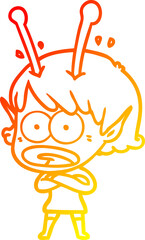 warm gradient line drawing cartoon shocked alien girl