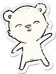 distressed sticker of a happy cartoon polar bear pointing