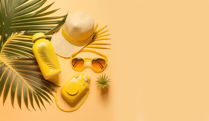 Fototapeta premium Palm branches, hat, sunblock and glasses on a yellow background. Rest. Banner. generated by AI