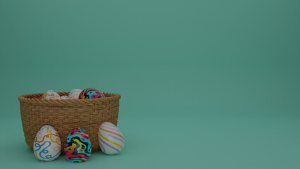 easter eggs on basket 3d illustration