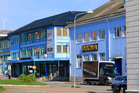 May 30 2022 - Sortland, Vesteralen, Norway: Colourful houses in the town in summer