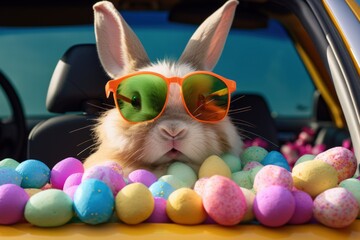 Fototapeta na wymiar Funny Easter Rabbit in Sunglasses with Colorful Eggs in Car