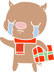 flat color style cartoon pig crying over christmas present