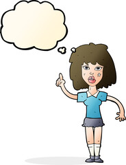 cartoon tough woman with idea with thought bubble