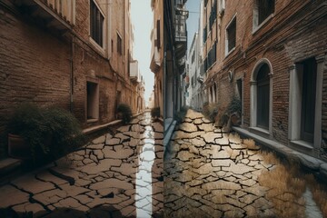 Fototapeta na wymiar Dry canal in Venice Italy, extremely low level of water, drought. Generation AI. Generative AI
