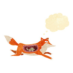cartoon fox with mouse in belly with thought bubble