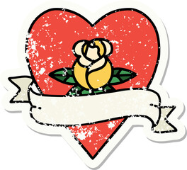 traditional distressed sticker tattoo of a heart rose and banner