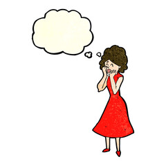 cartoon worried woman with thought bubble