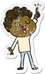 distressed sticker of a laughing cartoon man with great idea