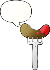 cartoon sausage on fork and speech bubble in smooth gradient style