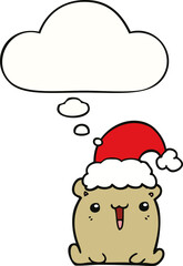 cute cartoon bear with christmas hat and thought bubble