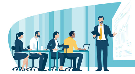 Education, presentation meeting. The business team listens to the teacher, male leader. Vector illustration.