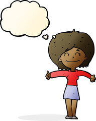 cartoon woman giving thumbs up sign with thought bubble