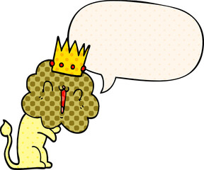 cartoon lion and crown and speech bubble in comic book style