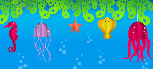 Fototapeta na wymiar Summer marine banner with sea animals. Cartoon background