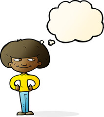 cartoon boy with hands on hips with thought bubble