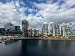 Aerial view of Mediacity UK in Salford Quays England. 