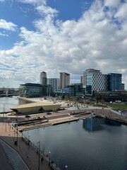Aerial view of Mediacity UK in Salford Quays England. 