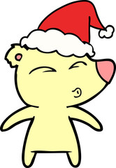 line drawing of a whistling bear wearing santa hat