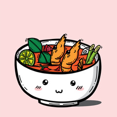 Tom Yum Goong or Tom Yum Kung (Thai Spicy Shrimp Soup), a world-famous Thai dish menu from street food . Regional Thai food cute cartoon vector illustration isolated on pink background