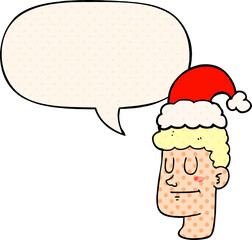 cartoon man wearing christmas hat and speech bubble in comic book style