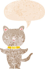cartoon cat and speech bubble in retro textured style