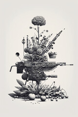 A stunning black and white illustration of a tranquil garden with a single sword standing tall as a focal point.